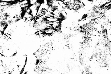 Abstract white background with smeared black paint marks in grunge style. Distressed rough texture resembling ink transfer or stamp smudges. Ideal for overlays, posters, banners or graphic design.