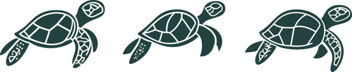 Three stylized turtle icons in a row on a white background