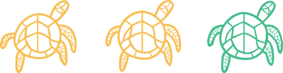 Four turtles in a row green yellow and blue on a white background