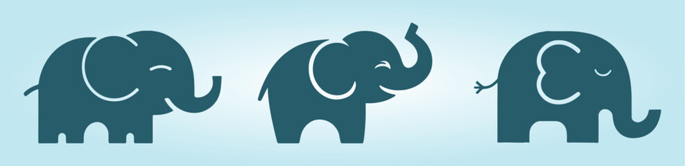 Set Simple black silhouette of an elephant, emphasizing its iconic form and profile in a vector style.