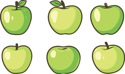 Illustration of six green apples with stems and leaves on white