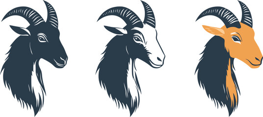 Three stylized goat heads in different color schemes on white