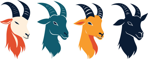 Four stylized goat heads in different colors on a white background