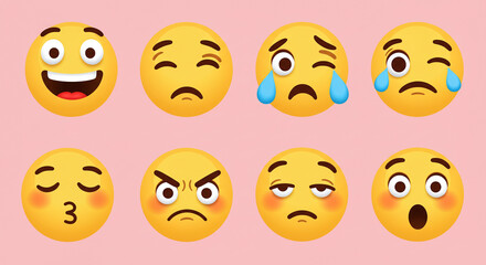 Fototapeta premium Yellow emoji faces expressing different emotions vector illustration icon set collection