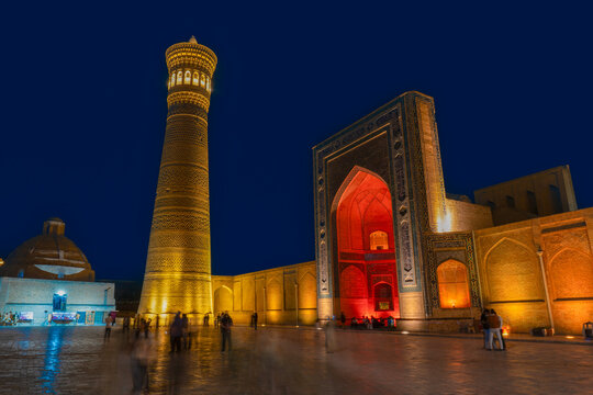 Bukhara, Uzbekistan - May 28, 2025:Poi Kalan complex consists of three parts, the Kalan Mosque (Masjid-i Kalan), the Kalan Minaret (Min&acirc;ra-i Kal&acirc;n) to which the name refers, and the Mir-i-Arab Madrasa