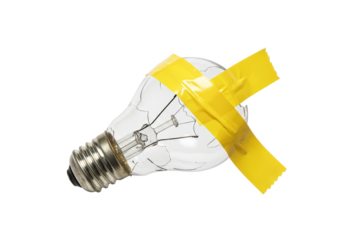 Isolated Broken Light Bulb Held Together with Yellow Duct Tape