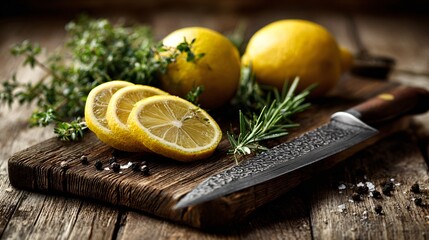 Sliced lemons, herbs, and rustic knife on raw board,