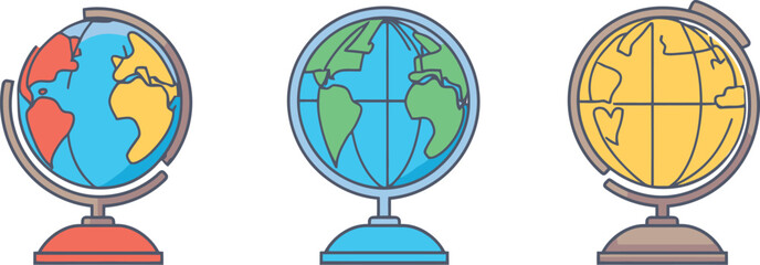 Three colorful globe illustrations on a white background view
