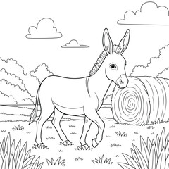 Donkey walking in farm field with hay bale – cute cartoon donkey coloring page for kids, fun rural animal scene line art illustration