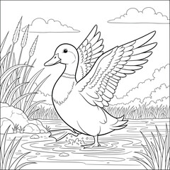 Cute duck flapping wings in pond – cartoon coloring page for kids, fun water bird scene with simple line art in nature with cattails and ripples