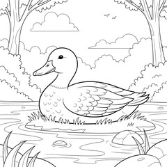 Cute duck floating on pond coloring page – peaceful cartoon bird resting on small island with calm water, trees, and sky – fun wildlife scene for kids to color