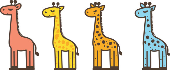 Four colorful cartoon giraffes standing side by side on white