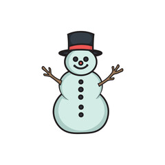 Cheerful snowman figure illustration icon. classic three tier snowman wearing a top hat and twig arms.