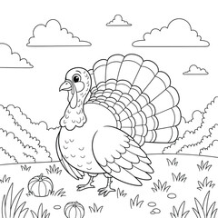 Cute turkey with big tail feathers and pumpkins coloring page – fun Thanksgiving farm scene for kids – cartoon bird in autumn landscape to color