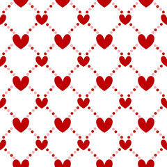 A romantic repeating pattern of red hearts connected by dotted lines on a white background