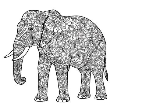 Intricate black and white mandala pattern elephant isolated on transparent background