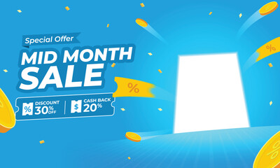 Mid Month Sale Banner with Special Offer and Discount Icons