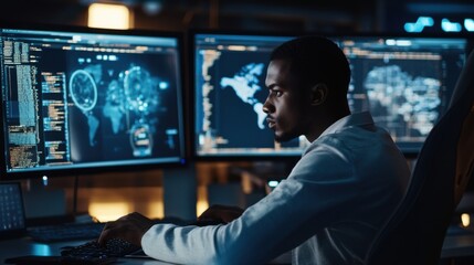 Focused African-American developer analyzing complex data on multiple screens