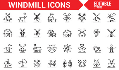 Set of Windmill, Wind Power, and Green Energy Icons for Sustainable Agriculture