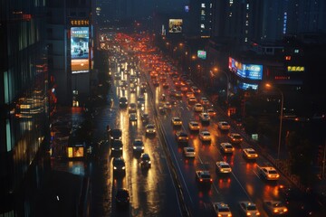 Fototapeta premium Chinese cityscape at night showing vibrant traffic and illuminated buildings, Chinese cityscape at night, the traffic on the roads, fast paced lifestyle