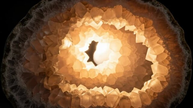 Glowing inside natural geode quartz crystal, mineral stone on black background.