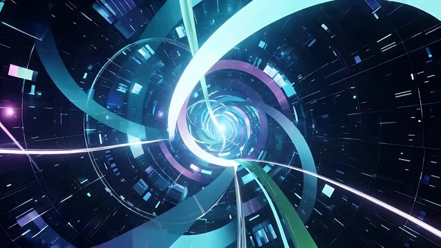 Futuristic abstract tunnel with swirling neon ribbons and digital grids