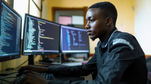 Focused coder with multiple monitors immersed in software development