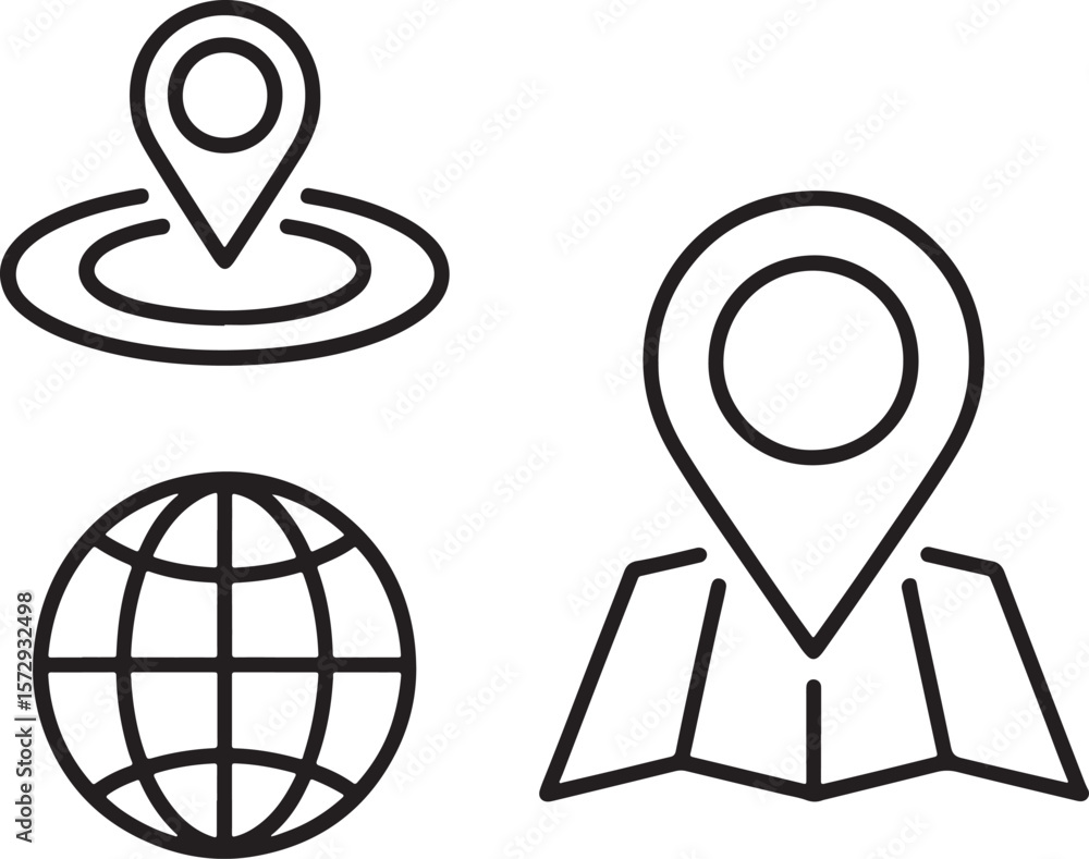 Poster minimalist location icons featuring navigation pins, a detailed globe, and a stylized map depiction 