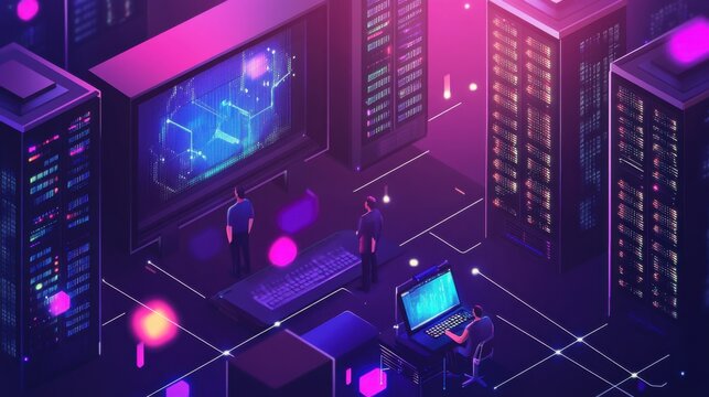Isometric Datacenter Illustration with Network Servers and Technicians Visualization