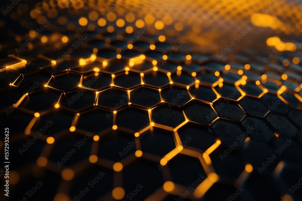 Poster glowing honeycomb surface with intricate patterns and warm illumination, close up shot of glowing ho