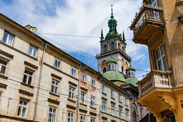 Korniakt Tower and buildings of the Old Town in Lviv Ukraine