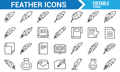 Feather, Ink, and Writing Icons for Authors, Poetry, and Document Creation