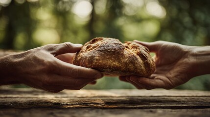 Two hands sharing bread across rustic table, leafy background blurred