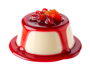 panna cotta dessert topped with colorful fruit compote and red glaze dripping on isolated background
