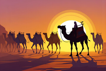 Camel silhouette at sunrise. Camel man is leading camels at sunrise. - 1