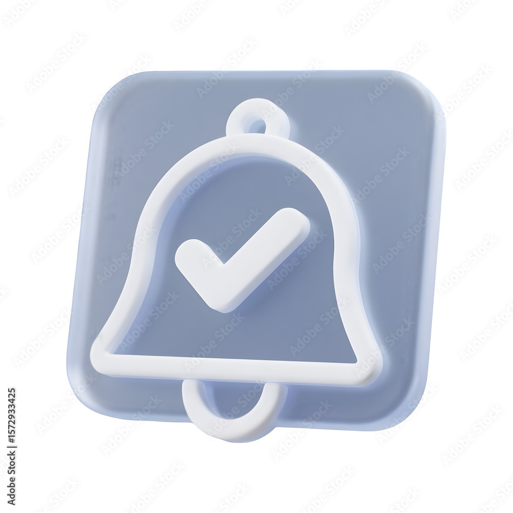 Poster 3d render of a white bell icon with a checkmark inside isolated on transparent background
