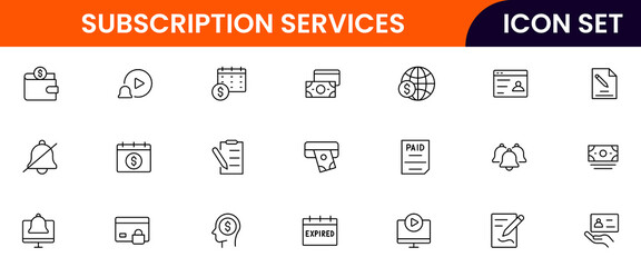Subscription Services vector web line icon collection, sleek illustrations of plans, payments, memberships, digital access for modern, streamlined designs.