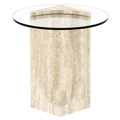 3d render travertine pedestal round glass table with transparent background