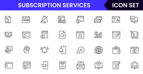 Subscription Services vector web line icon collection, sleek illustrations of plans, payments, memberships, digital access for modern, streamlined designs.
