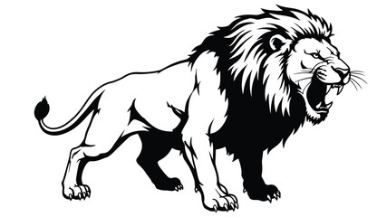 Roaring Lion Silhouette in Black and White on White Background