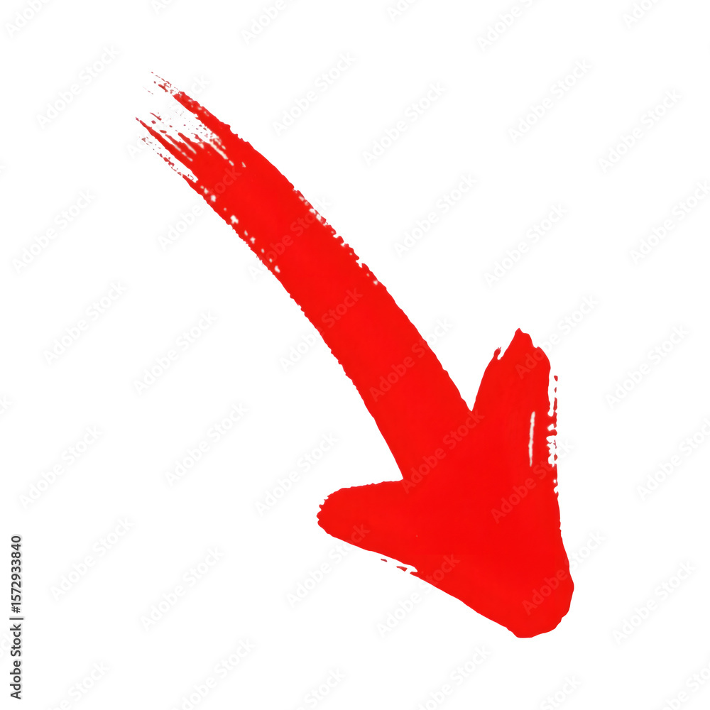 Poster bold red brush stroke arrow pointing down and to the right isolated on transparent background