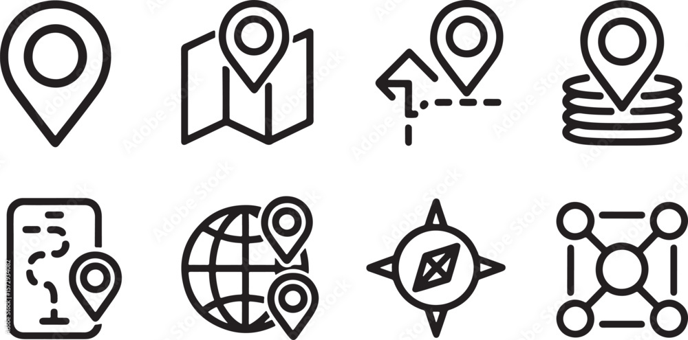 Poster simple black and white iconography of navigation and location pinpointing services for web and app d