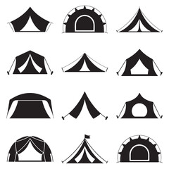 Minimalist Black Tent Silhouette Vector on White Background – Outdoor Camping Design for Adventure Projects with Dome, Ridge, A-Frame, and Tunnel Tent Styles. Thank You . 