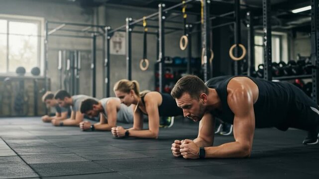 Fitness group plank exercise strength training gym workout health and wellness