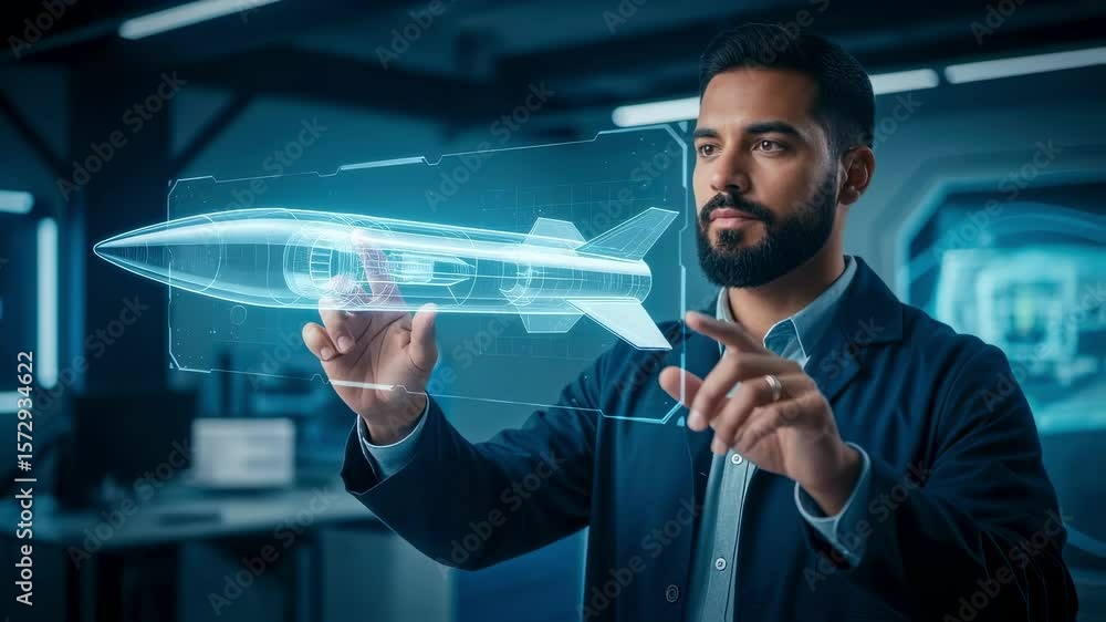 Poster advanced technology specialist adjusting virtual missile model in immersive lab setting.