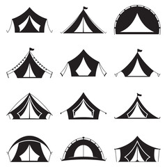 Minimalist Black Tent Silhouette Vector on White Background – Outdoor Camping Design for Adventure Projects with Dome, Ridge, A-Frame, and Tunnel Tent Styles. Thank You . 