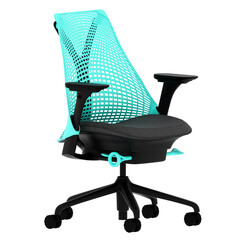 3d render ergonomic blue mesh office chair with transparent background