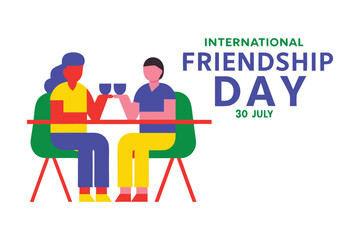 Naklejka premium Celebrating Friendship Day: Vibrant graphic captures the spirit of International Friendship Day, featuring two figures clinking cups in a warm, inviting scene. 