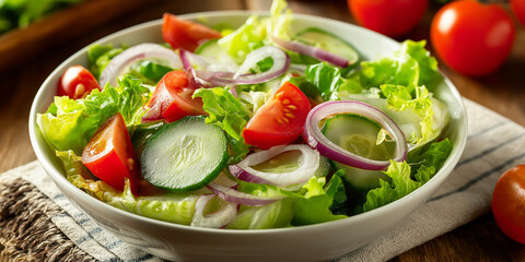 fresh garden salad in a white bowl, with crisp romaine lettuce, sliced cucumber, halved cherry tomatoes