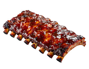 full slab of barbecue pork ribs glazed with sticky smoky sauce grilled and charred on isolated background
